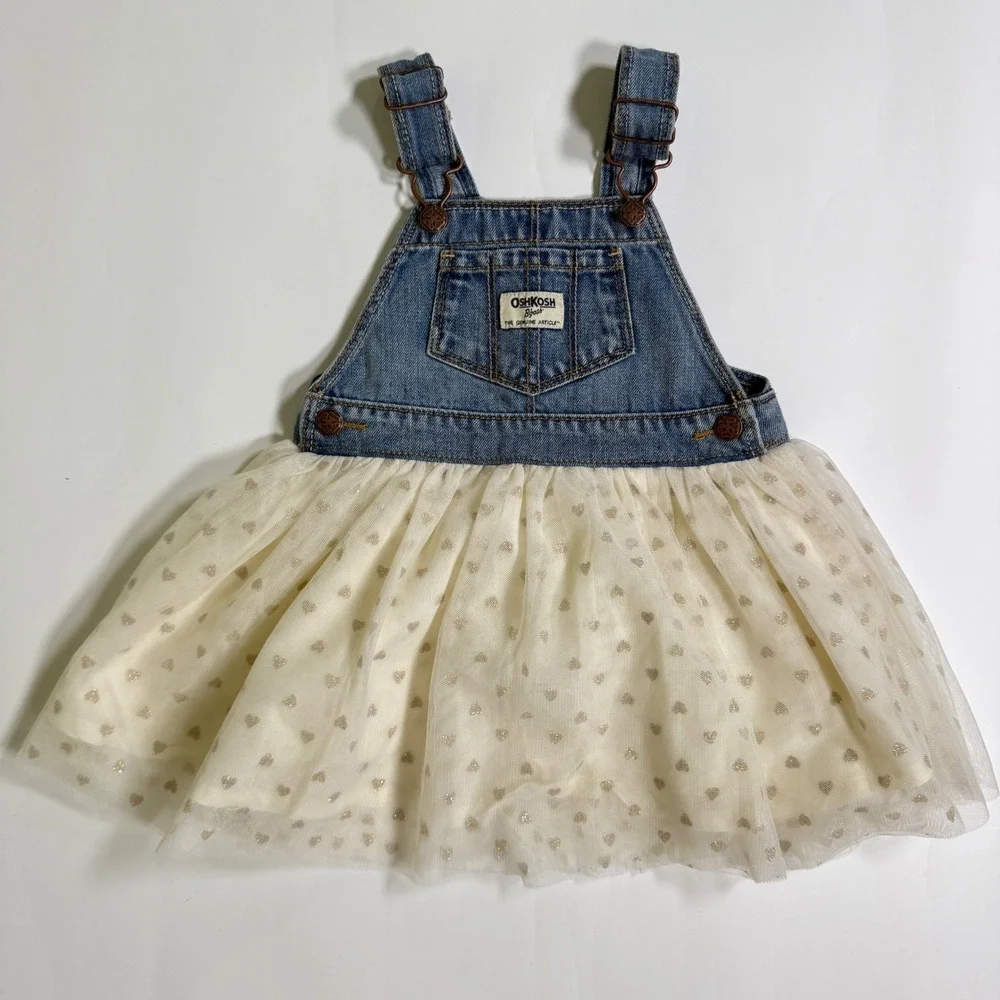 OshKosh B'gosh 24m denim tulle Overall Dress Baby Girls Glitter Hearts